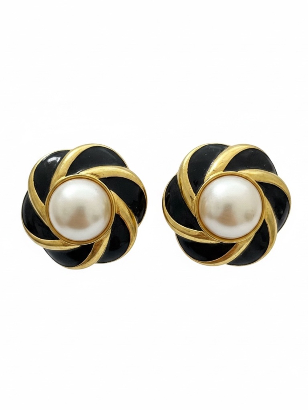 Gold & Black Pearl Center Swirl Clip Earrings - Women Jewelry